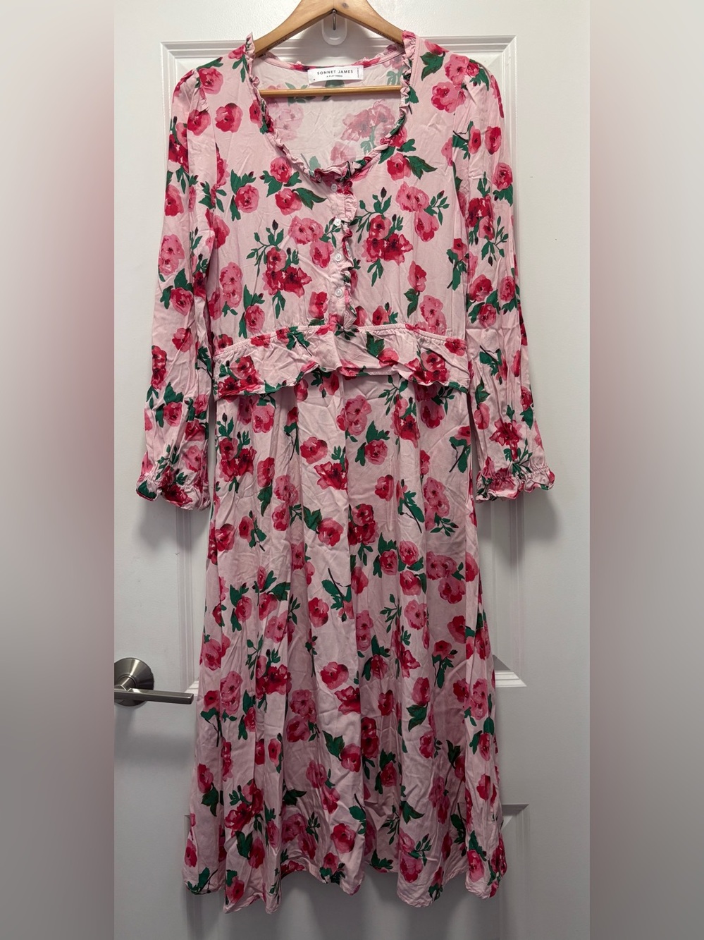 Sonnet James Vintage-Inspired Pink Floral Midi Dress with Ruffle Waist - Picture 4 of 11
